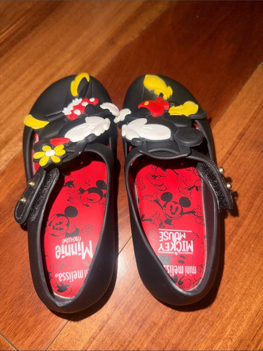 Mini Melissa Black Jelly Shoes with Red and Yellow Mickey & Minnie Appliqués